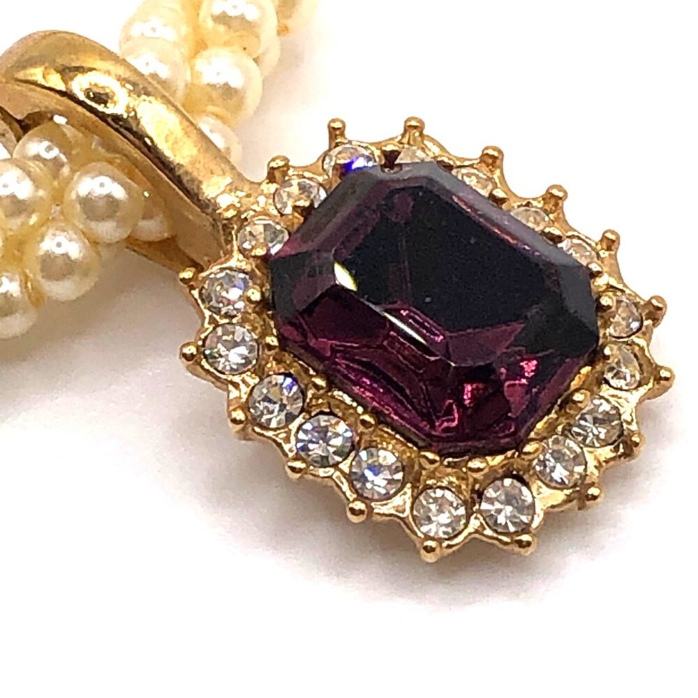 Vintage Roman Triple-Strand Faux Pearl Necklace with Purple Emerald-Cut Pendant